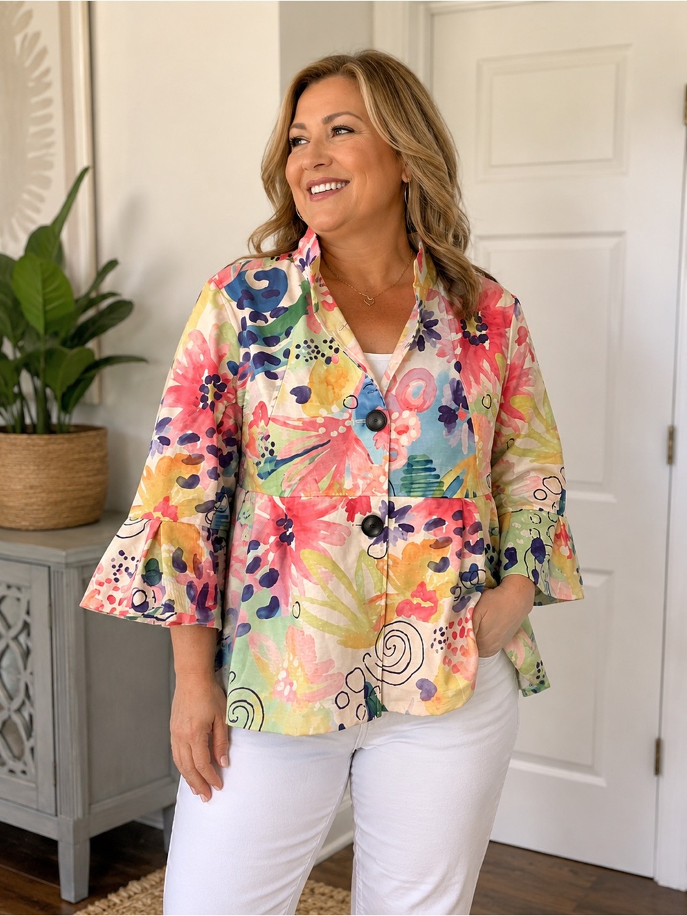 Ali Miles PXL Colorful Floral Art Jacket Top | Plus Size XL | Button Front